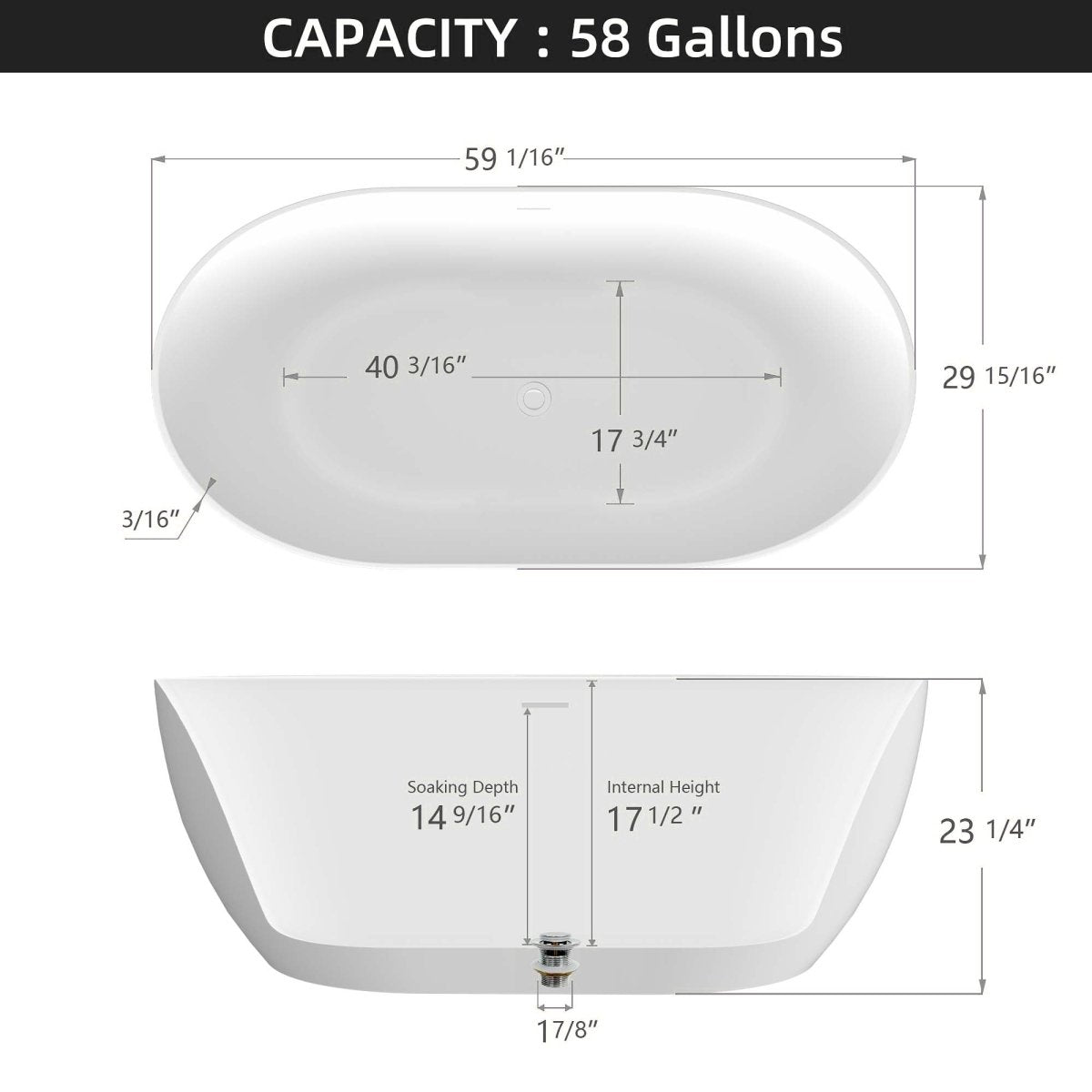 ExBrite 59" Acrylic Bathtub Free Standing Tub Oval Shape Soaking Tub Adjustable Freestanding Chrome Pop-up Drain Anti-clogging Black