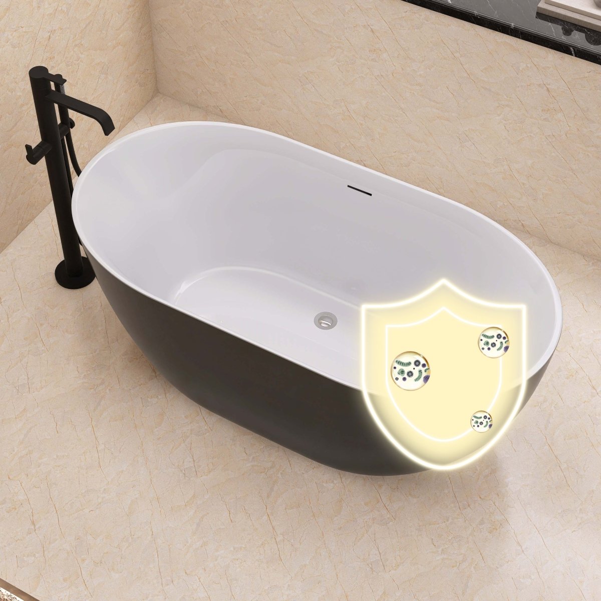 ExBrite 59" Acrylic Bathtub Free Standing Tub Oval Shape Soaking Tub Adjustable Freestanding Chrome Pop-up Drain Anti-clogging Black