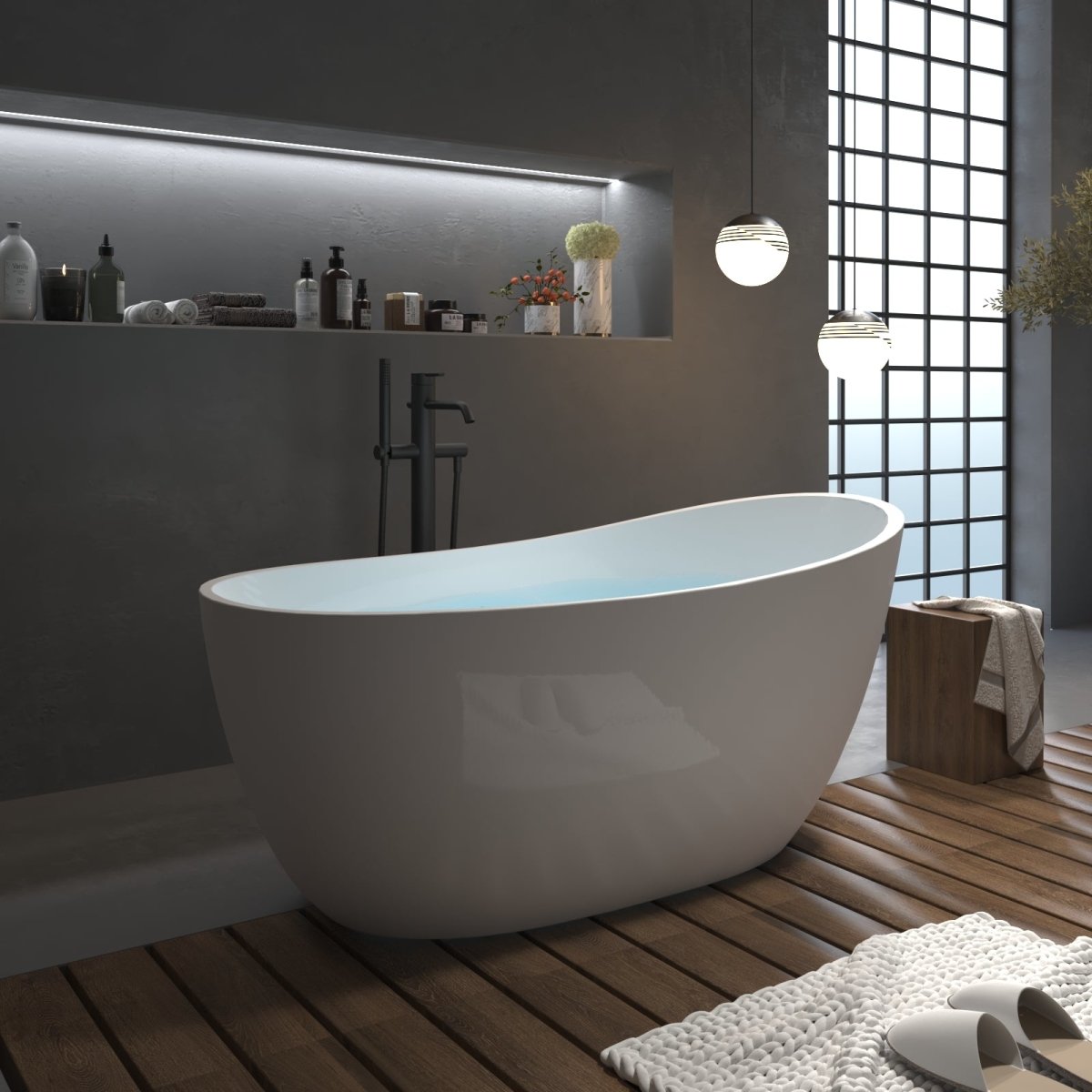ExBrite 59" Bathtub Acrylic Free Standing Tub Oval Shape Soaking Tub, Adjustable Freestanding Gloss White