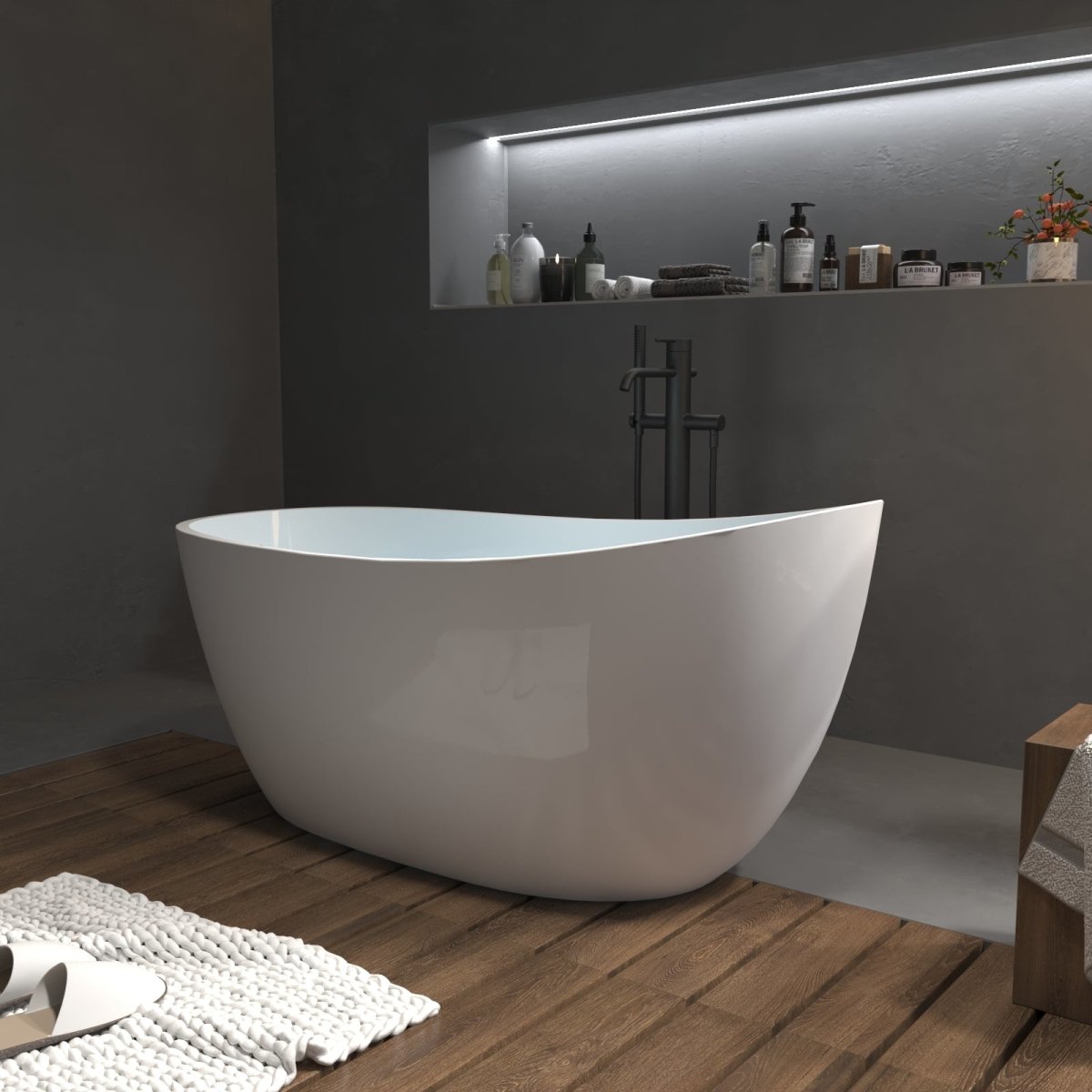 ExBrite 59" Bathtub Acrylic Free Standing Tub Oval Shape Soaking Tub, Adjustable Freestanding Gloss White