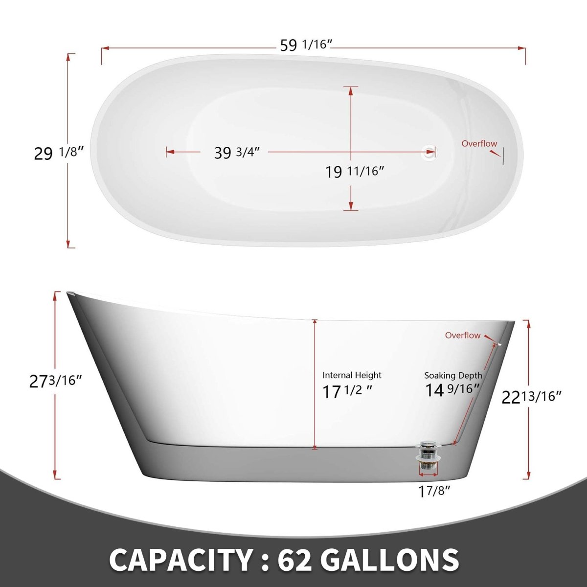 ExBrite 59" Bathtub Acrylic Free Standing Tub Oval Shape Soaking Tub, Adjustable Freestanding Gloss White