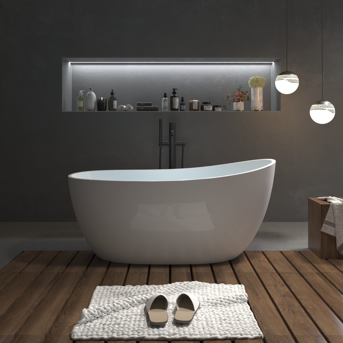ExBrite 59" Bathtub Acrylic Free Standing Tub Oval Shape Soaking Tub, Adjustable Freestanding Gloss White