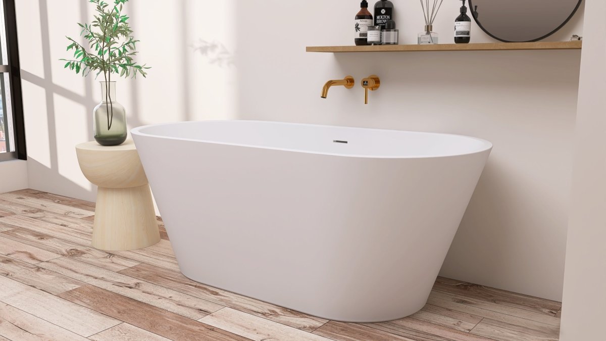 ExBrite 63" Acrylic Free Standing Tub Classic Oval Shape Soaking Tub, Adjustable Freestanding Bathtubs Gloss White