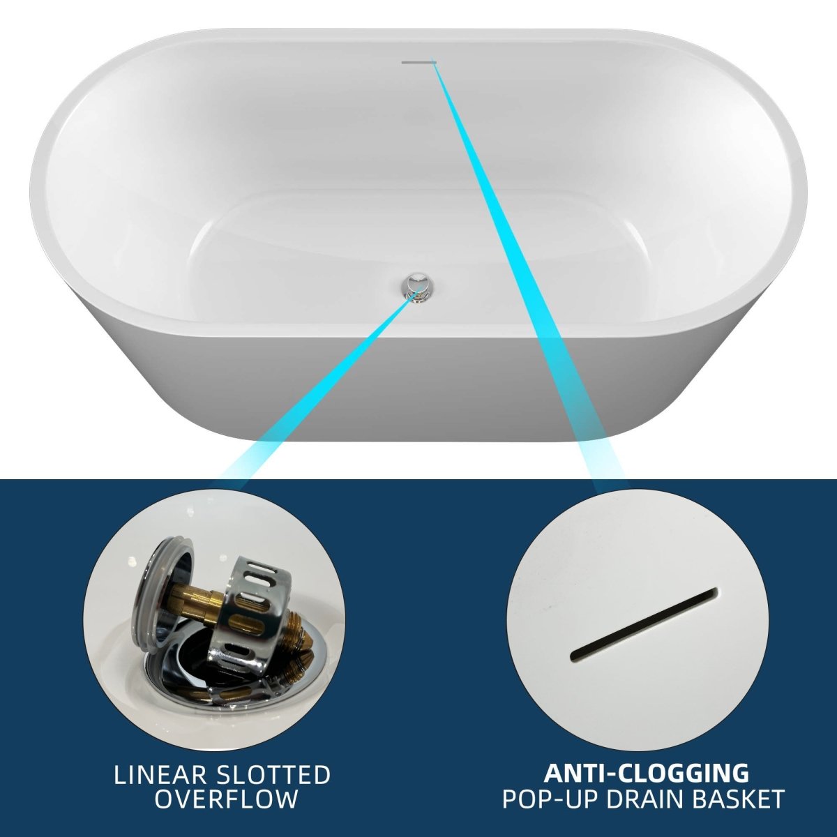 ExBrite 63" Acrylic Free Standing Tub Classic Oval Shape Soaking Tub, Adjustable Freestanding Bathtubs Gloss White