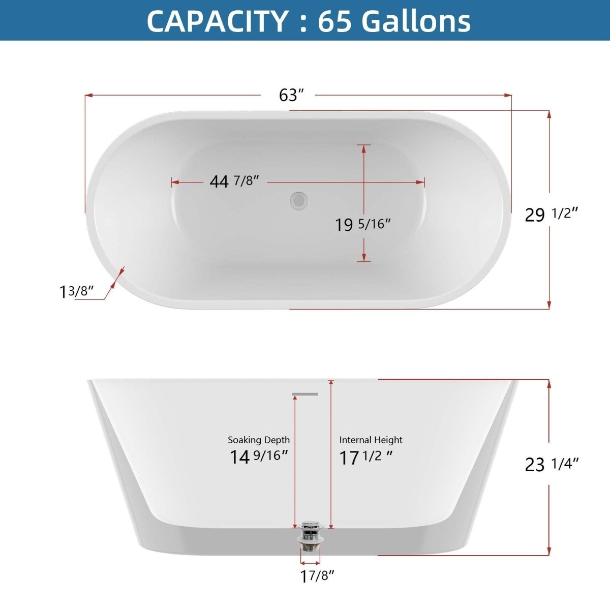 ExBrite 63" Acrylic Free Standing Tub Classic Oval Shape Soaking Tub, Adjustable Freestanding Bathtubs Gloss White