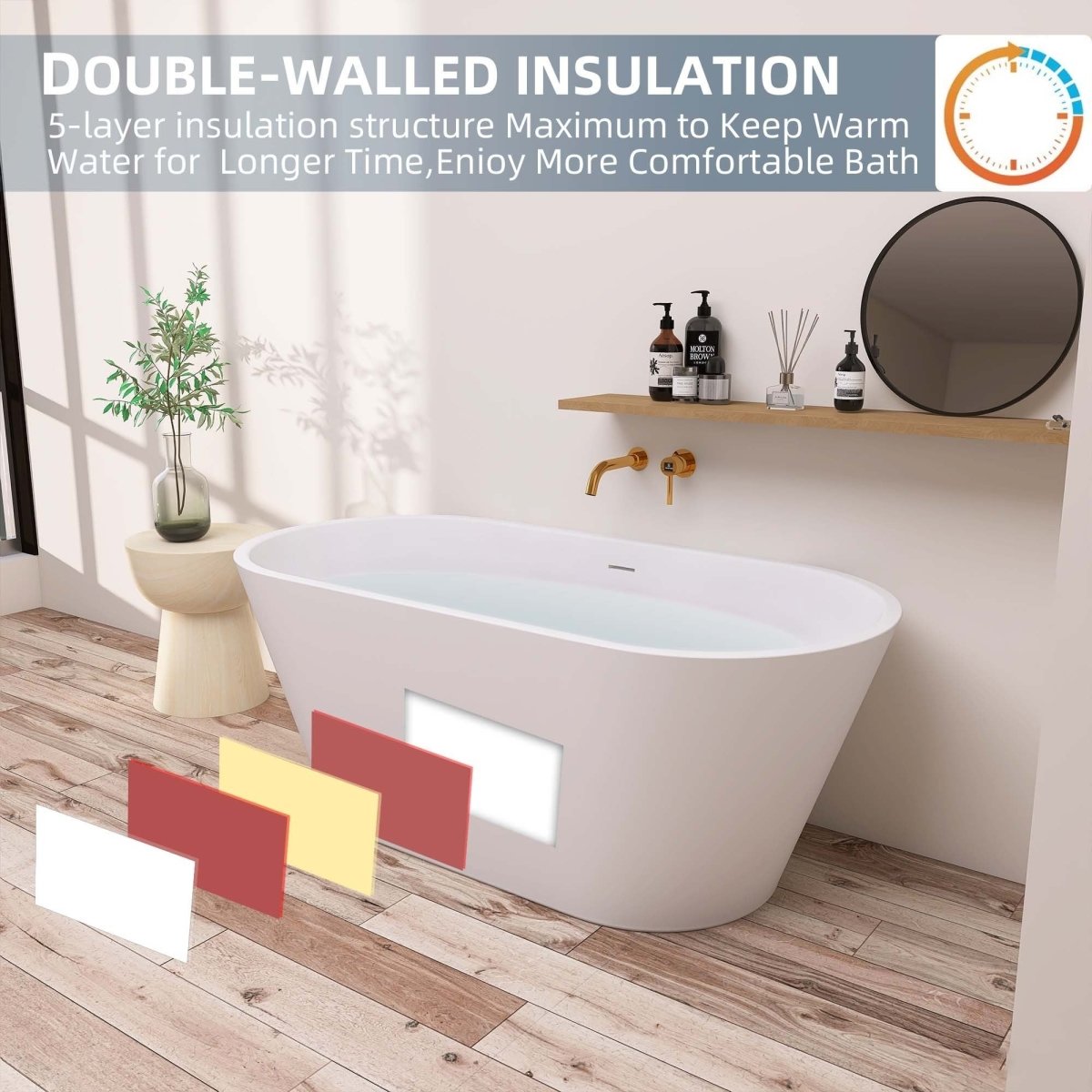 ExBrite 63" Acrylic Free Standing Tub Classic Oval Shape Soaking Tub, Adjustable Freestanding Bathtubs Gloss White