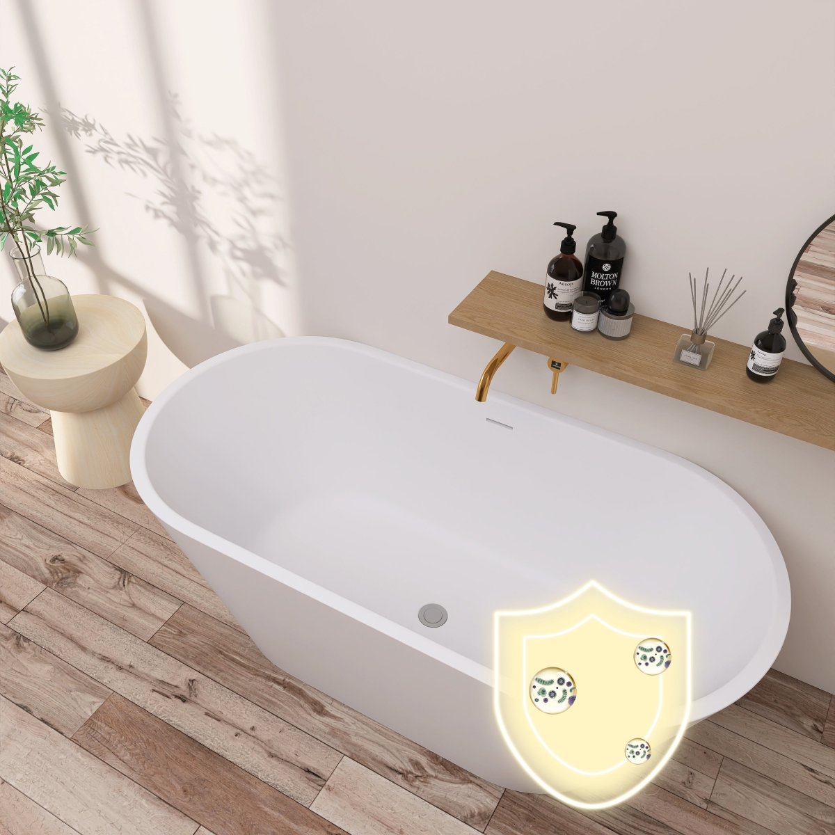 ExBrite 63" Acrylic Free Standing Tub Classic Oval Shape Soaking Tub, Adjustable Freestanding Bathtubs Gloss White