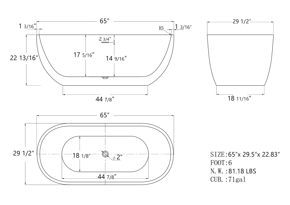 ExBrite 65" Bathroom Bathtub Acrylic Oval Shape Soaking Tub Adjustable Freestanding Anti-clogging Black
