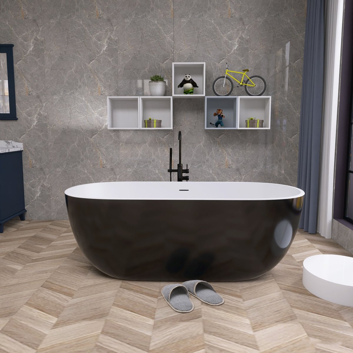 ExBrite 65" Bathroom Bathtub Acrylic Oval Shape Soaking Tub Adjustable Freestanding Anti-clogging Black