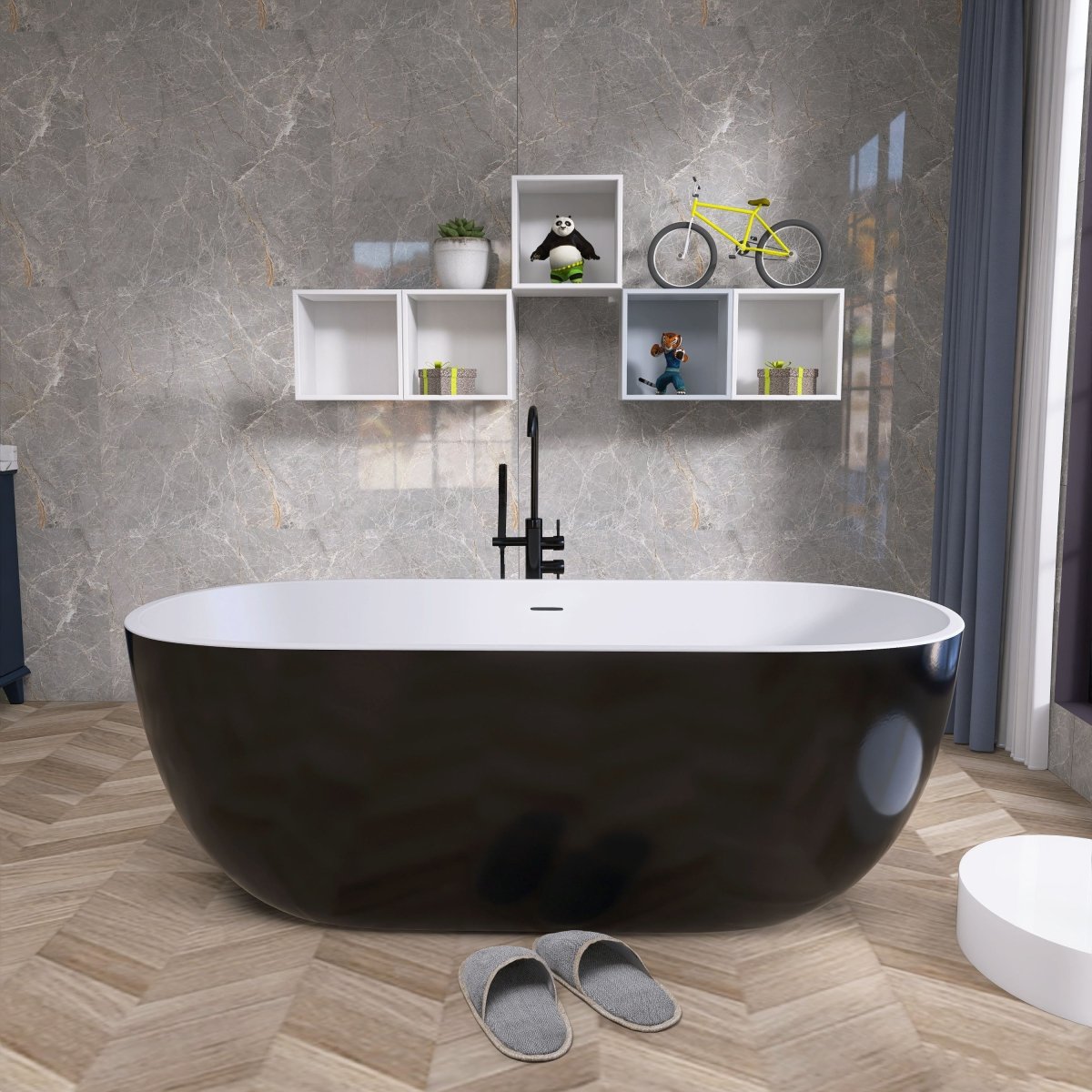 ExBrite 65" Bathroom Bathtub Acrylic Oval Shape Soaking Tub Adjustable Freestanding Anti-clogging Black