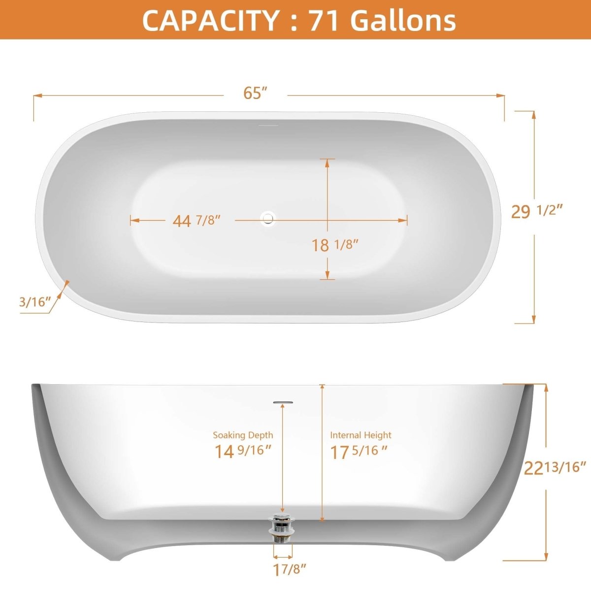 ExBrite 65" Bathroom Bathtub Acrylic Oval Shape Soaking Tub Adjustable Freestanding Anti-clogging Black