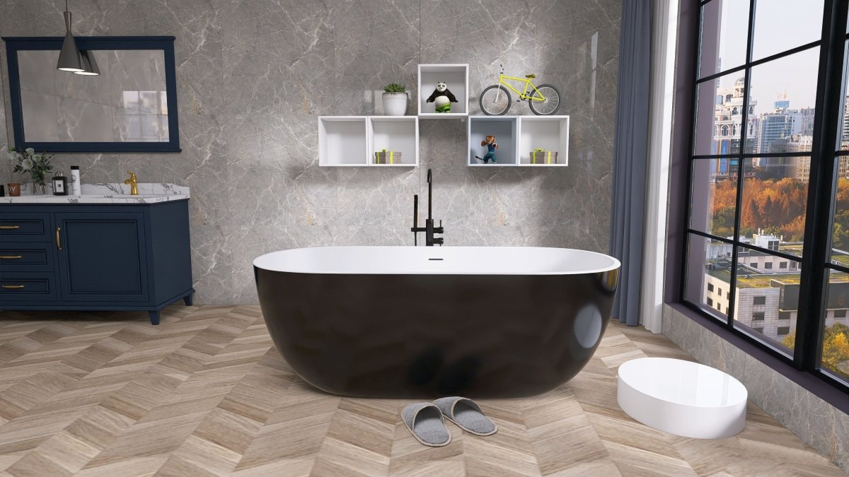 ExBrite 65" Bathroom Bathtub Acrylic Oval Shape Soaking Tub Adjustable Freestanding Anti-clogging Black