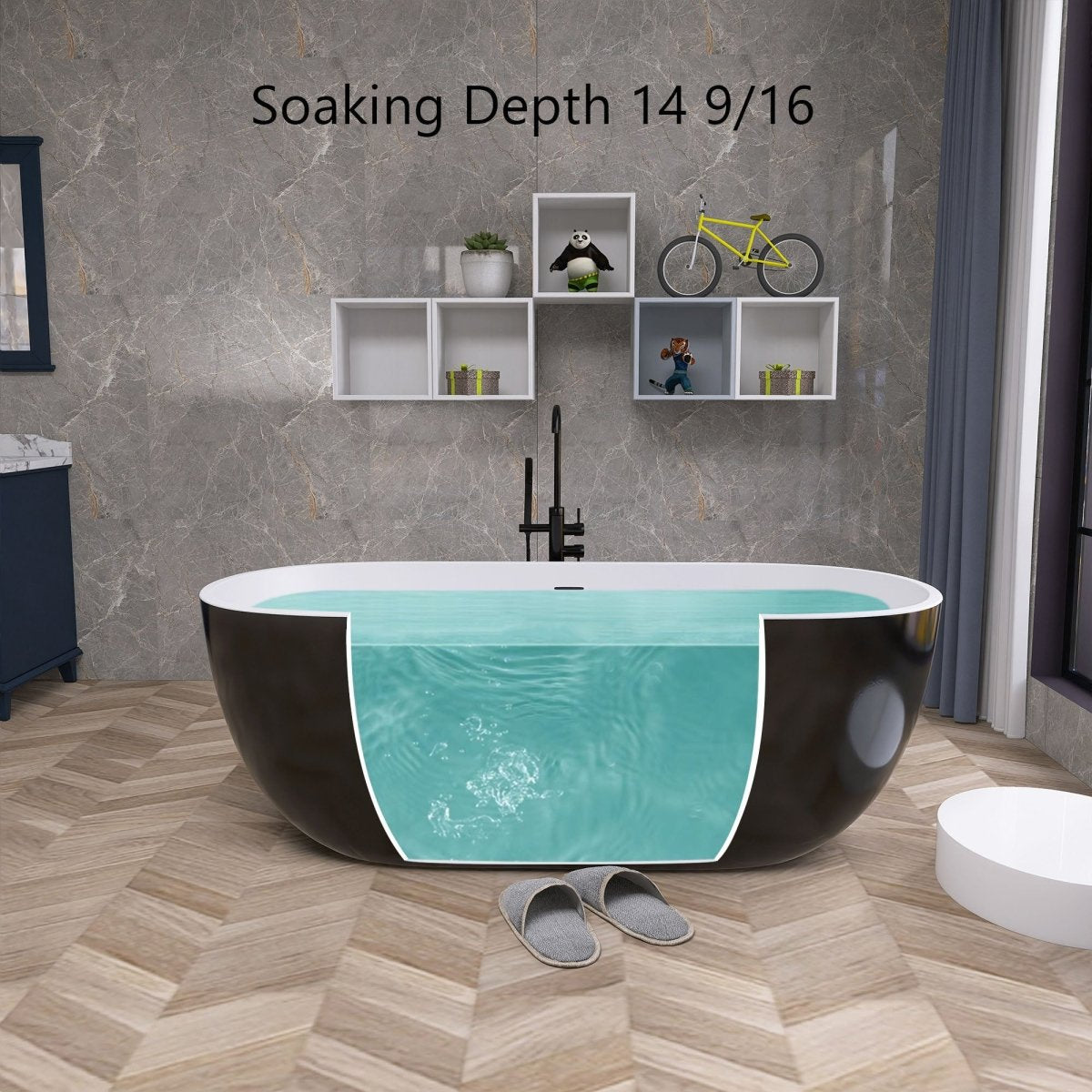ExBrite 65" Bathroom Bathtub Acrylic Oval Shape Soaking Tub Adjustable Freestanding Anti-clogging Black