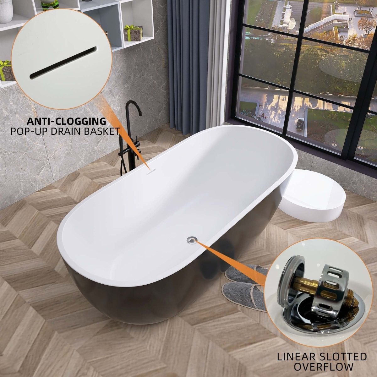 ExBrite 65" Bathroom Bathtub Acrylic Oval Shape Soaking Tub Adjustable Freestanding Anti-clogging Black
