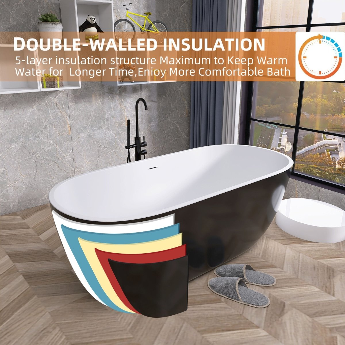 ExBrite 65" Bathroom Bathtub Acrylic Oval Shape Soaking Tub Adjustable Freestanding Anti-clogging Black