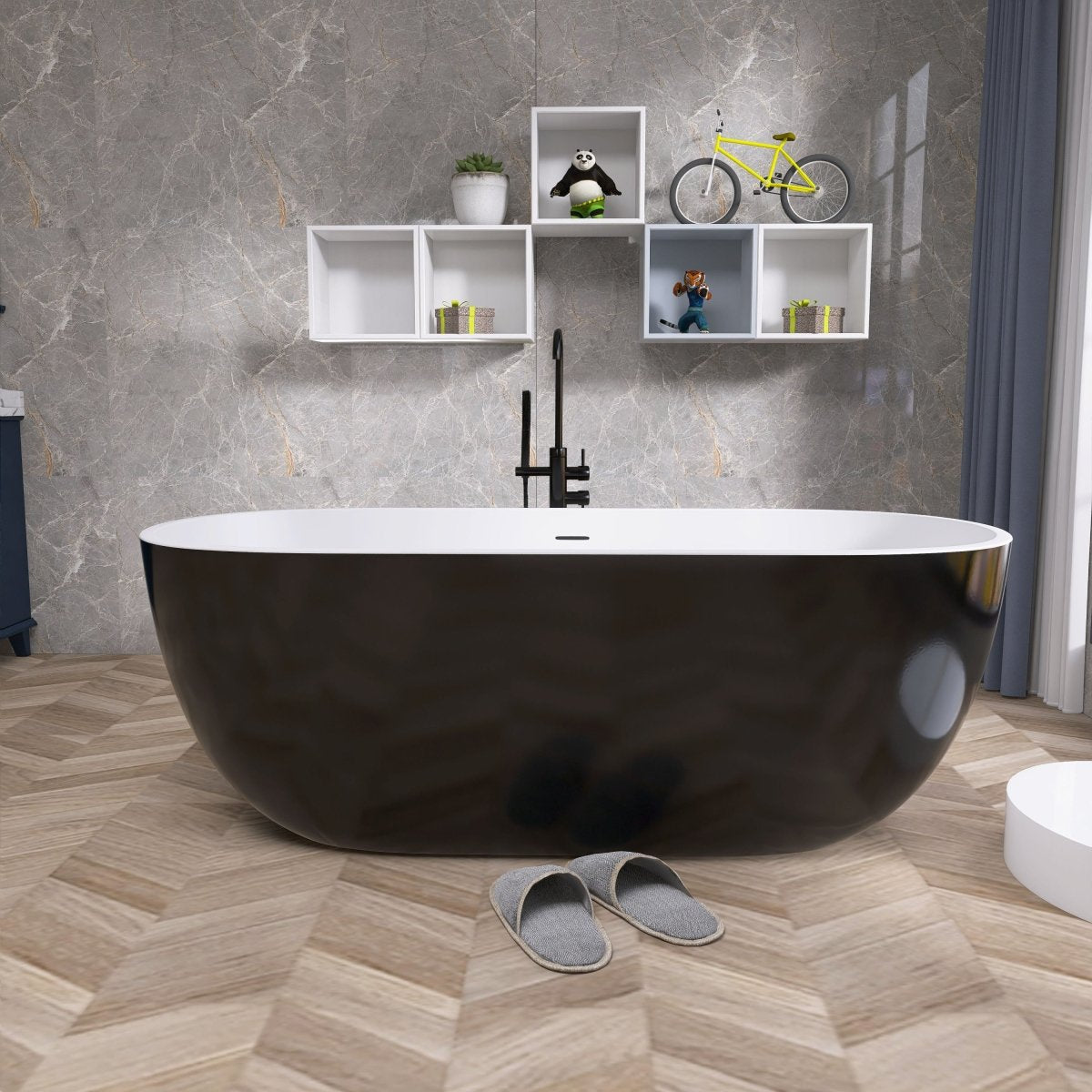 ExBrite 65" Bathroom Bathtub Acrylic Oval Shape Soaking Tub Adjustable Freestanding Anti-clogging Black