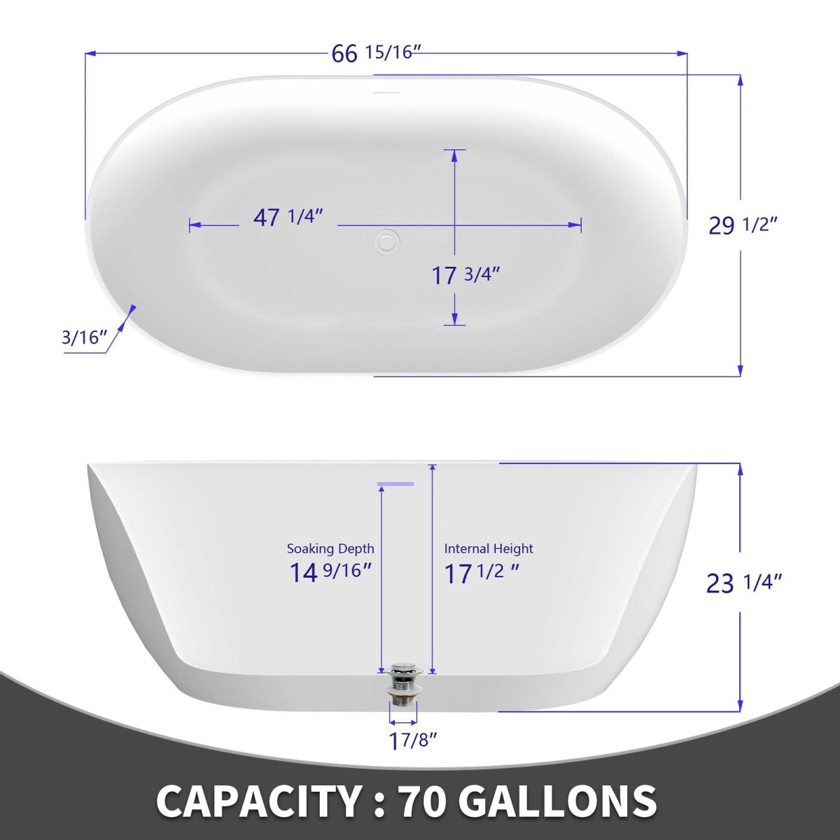 ExBrite 67" Bathtub Acrylic Free Standing Tub Classic Oval Shape Soaking Tub Gloss White - ExBriteUSA