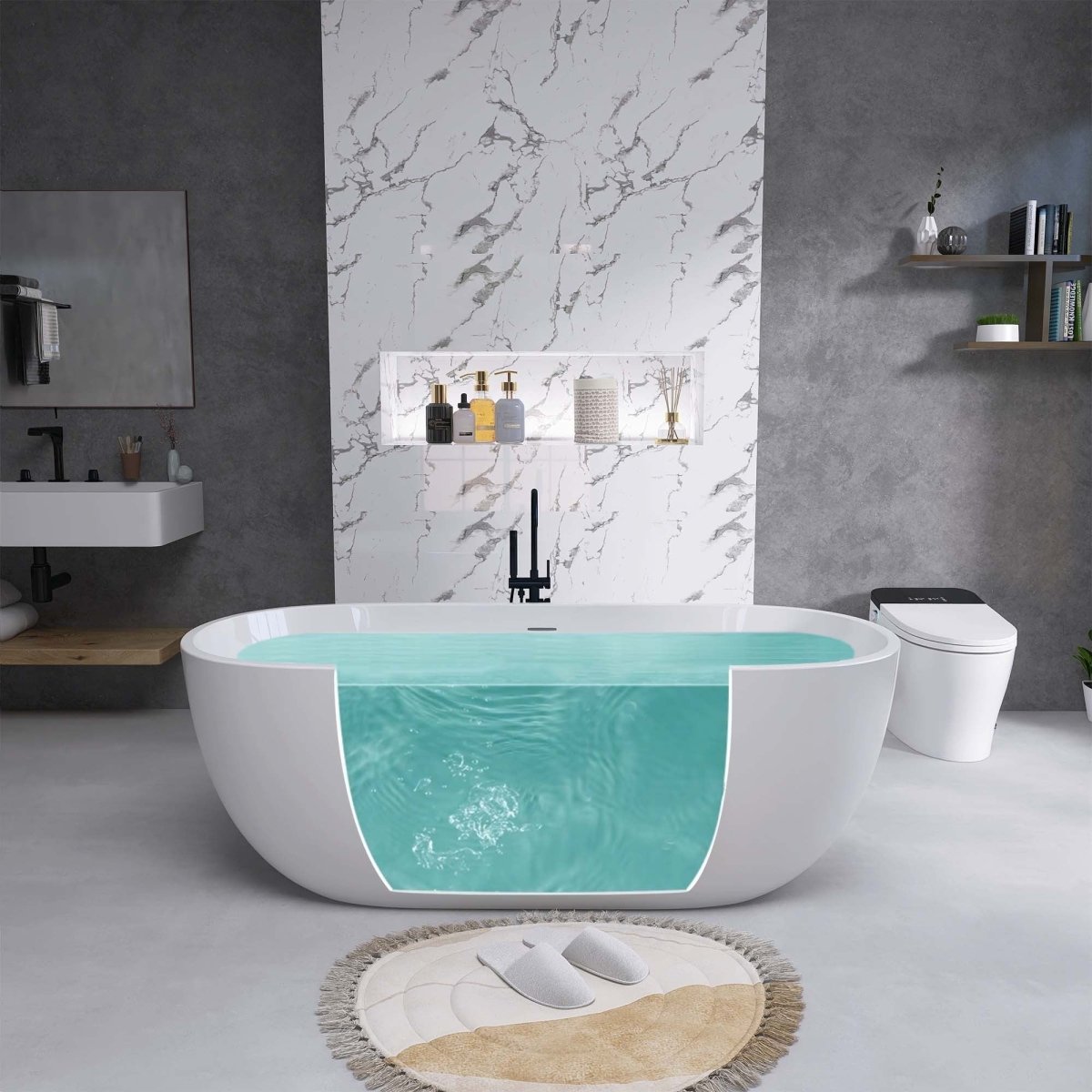ExBrite Bathtub 55" Acrylic Free Standing Tub Classic Oval Soaking Tub Adjustable Freestanding Chrome Pop-up Drain Anti-clogging Gloss White