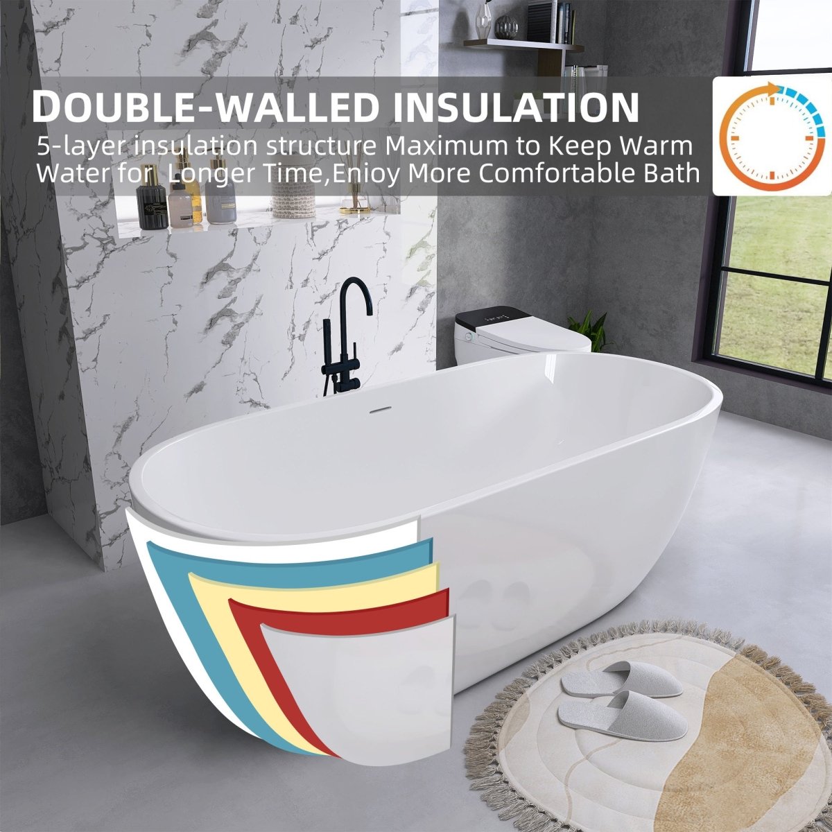 ExBrite Bathtub 55" Acrylic Free Standing Tub Classic Oval Soaking Tub Adjustable Freestanding Chrome Pop-up Drain Anti-clogging Gloss White