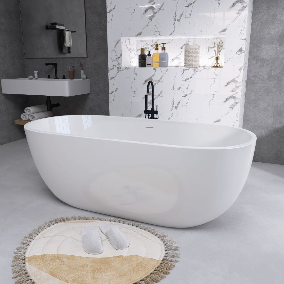 ExBrite Bathtub 55" Acrylic Free Standing Tub Classic Oval Soaking Tub Adjustable Freestanding Chrome Pop-up Drain Anti-clogging Gloss White