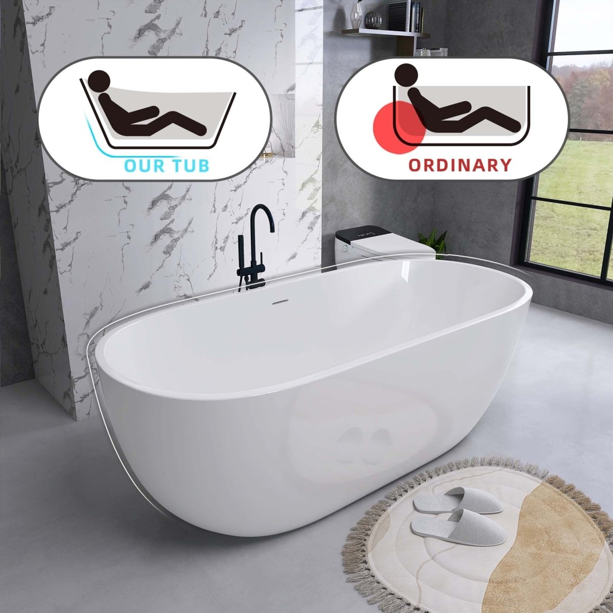 ExBrite Bathtub 55" Acrylic Free Standing Tub Classic Oval Soaking Tub Adjustable Freestanding Chrome Pop-up Drain Anti-clogging Gloss White