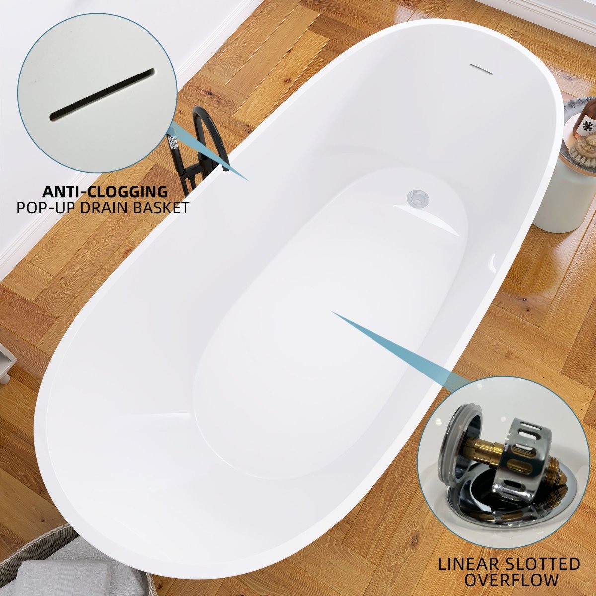 ExBrite Bathtub 67" Acrylic Free Standing Tub Classic Oval Shape Soaking Tub, Adjustable Freestanding Gloss White