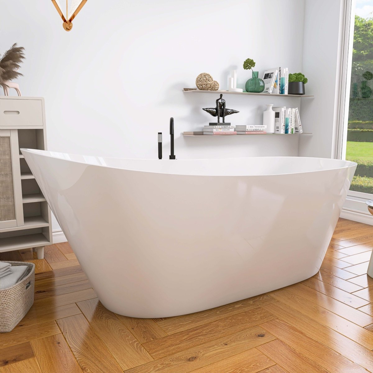 ExBrite Bathtub 67" Acrylic Free Standing Tub Classic Oval Shape Soaking Tub, Adjustable Freestanding Gloss White