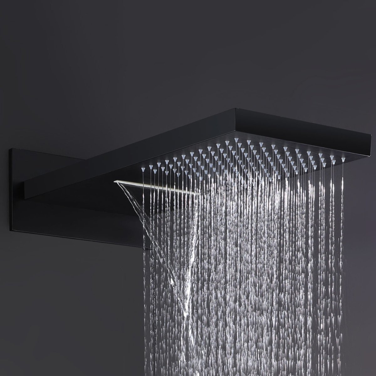 ExBrite Shower System Square Waterfall Rain Shower Set, Three-function Thermostatic Concealed Bathroom Shower Fixture, Matte Black Copper Materia - ExBriteUSA