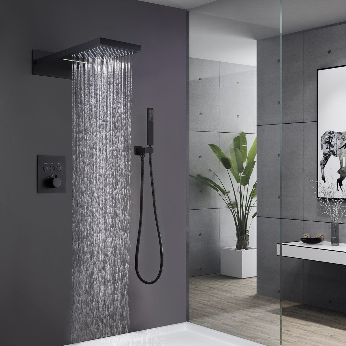 ExBrite Shower System Square Waterfall Rain Shower Set, Three-function Thermostatic Concealed Bathroom Shower Fixture, Matte Black Copper Materia - ExBriteUSA