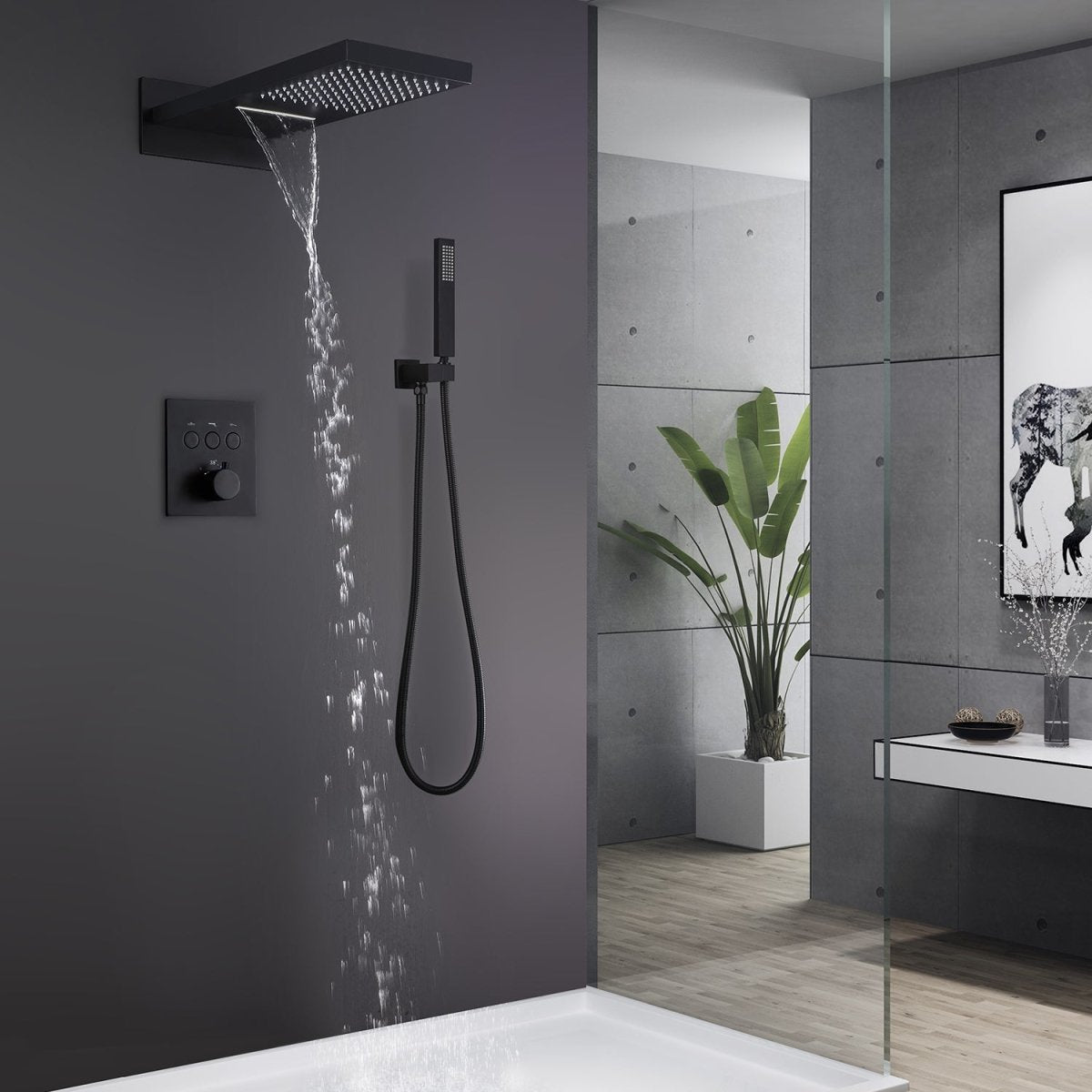 ExBrite Shower System Square Waterfall Rain Shower Set, Three-function Thermostatic Concealed Bathroom Shower Fixture, Matte Black Copper Materia - ExBriteUSA