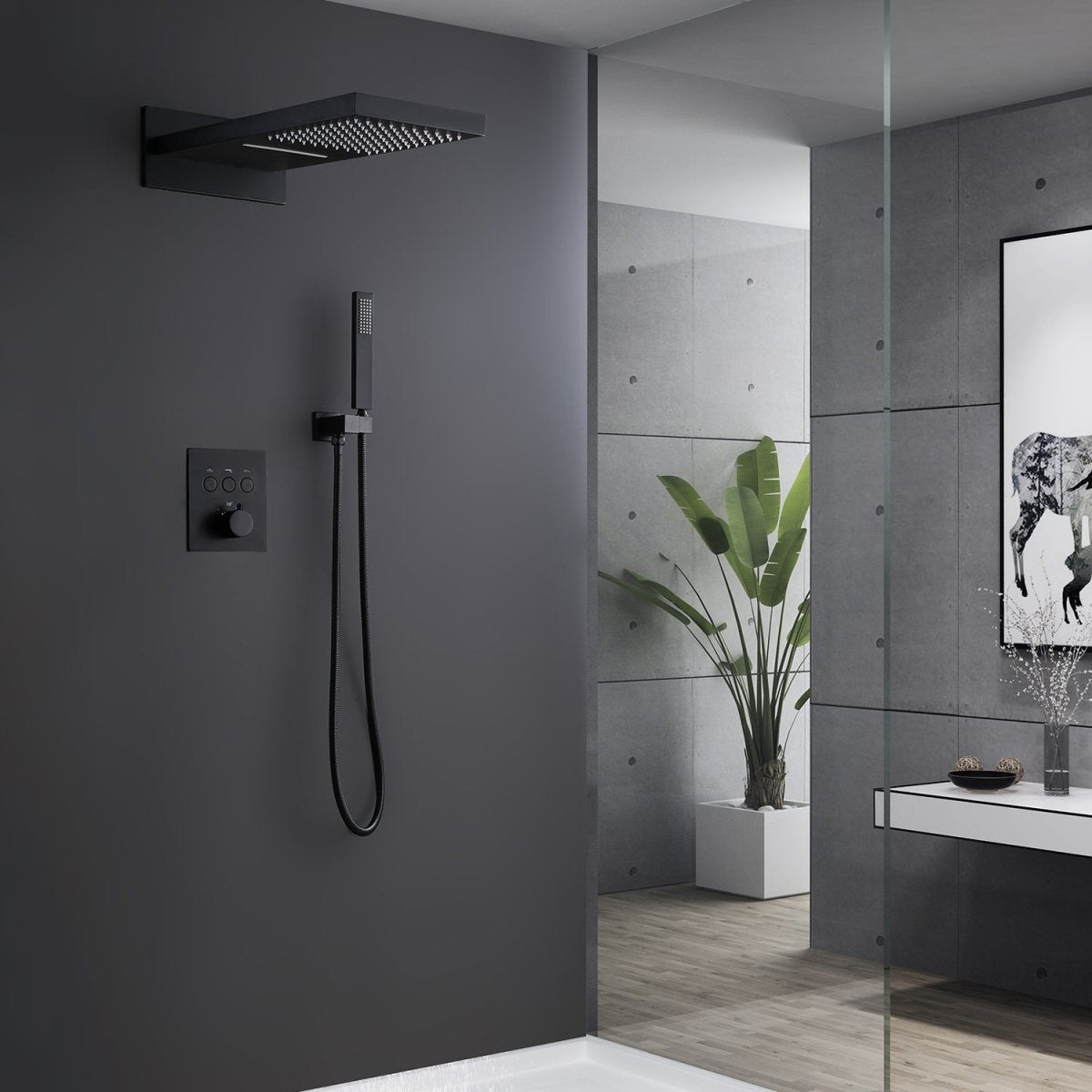 ExBrite Shower System Square Waterfall Rain Shower Set, Three-function Thermostatic Concealed Bathroom Shower Fixture, Matte Black Copper Materia - ExBriteUSA
