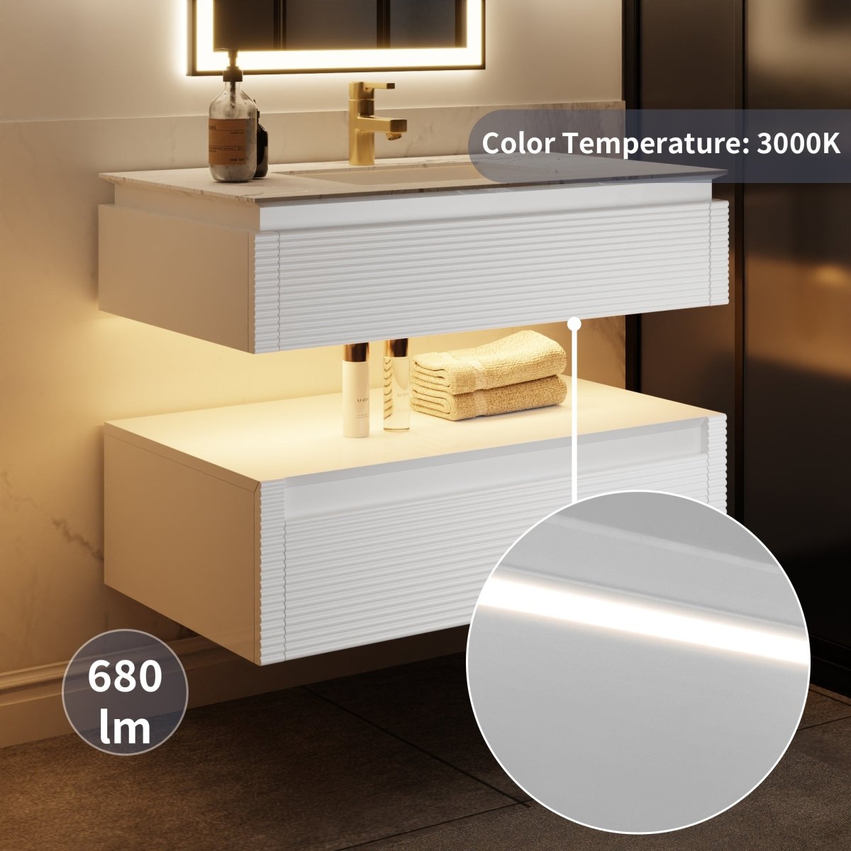 Segeo 36" Modern Solid Oak Floating Bathroom Vanity Cabinet White with Lights and Marble Countertop