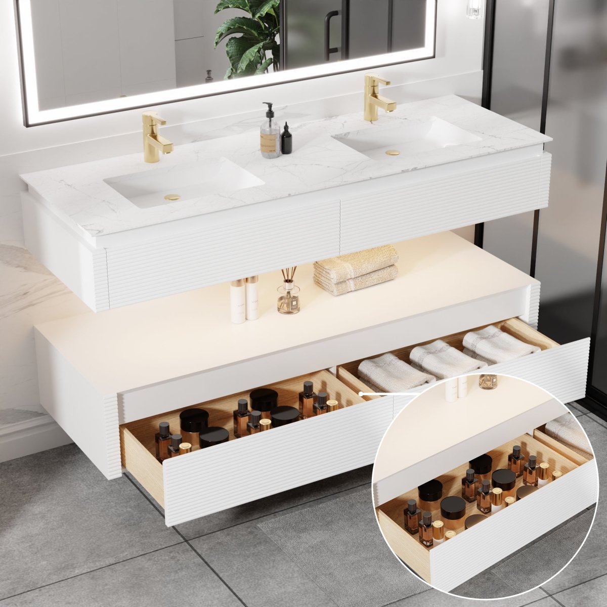 Segeo 60" Modern Solid Oak Floating Bathroom White Vanity Cabinet with Marble Countertop