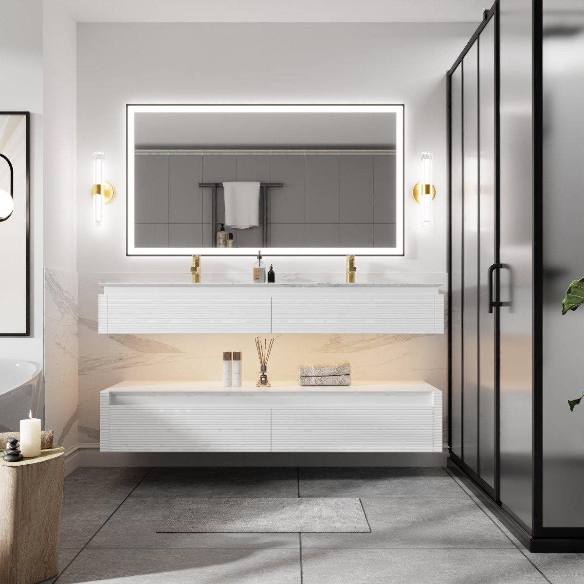 Segeo 60" Modern Solid Oak Floating Bathroom White Vanity Cabinet with Marble Countertop
