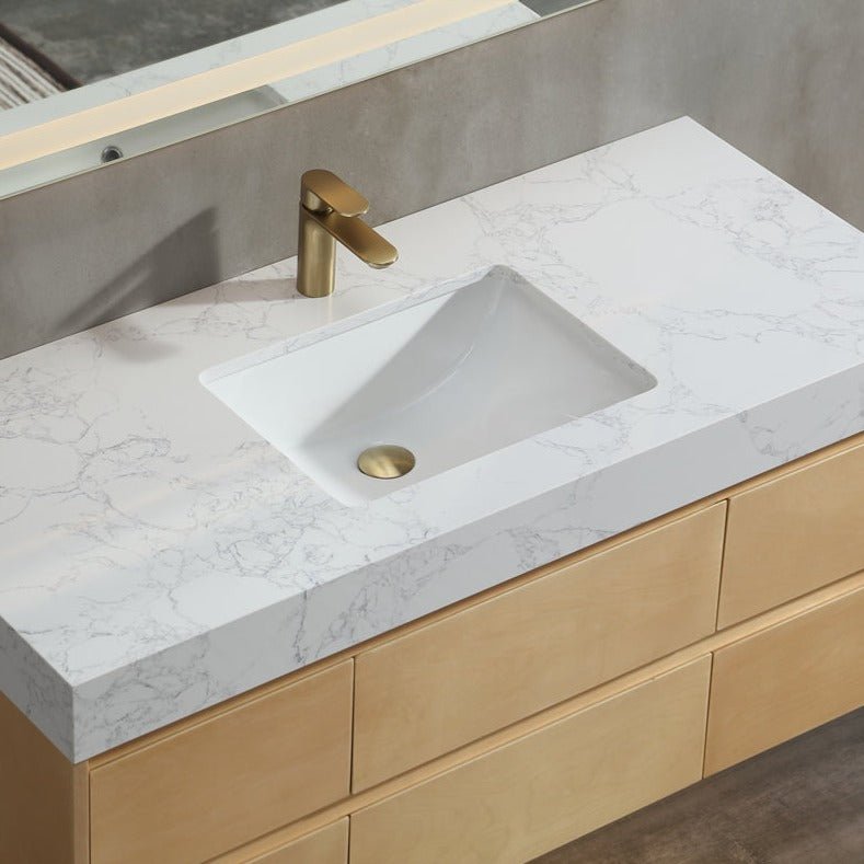 Sleek 48" Modern Floating Maple wood Bathroom Vanity Cabinet with with Lights and Stone Slab Countertop - ExBriteUSA