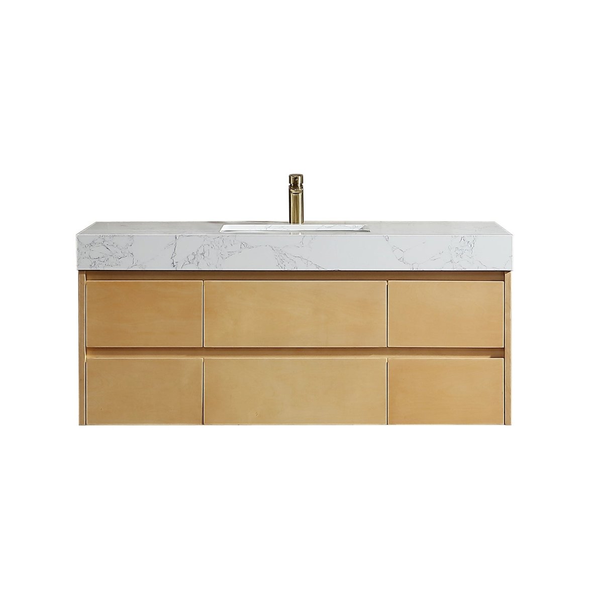 Sleek 48" Modern Floating Maple wood Bathroom Vanity Cabinet with with Lights and Stone Slab Countertop - ExBriteUSA
