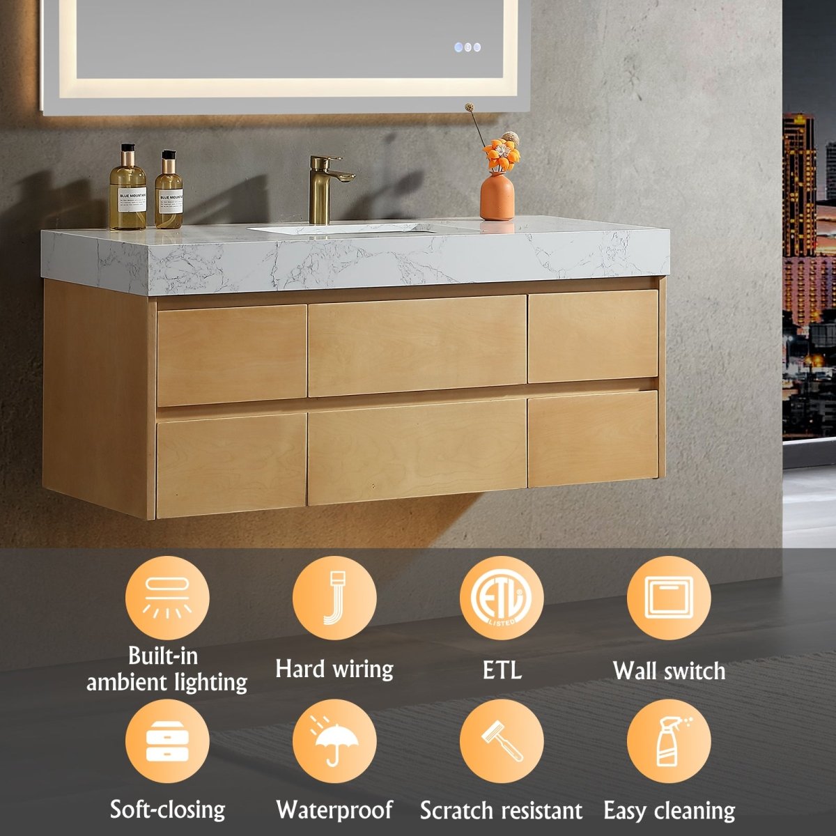 Sleek 48" Modern Floating Maple wood Bathroom Vanity Cabinet with with Lights and Stone Slab Countertop - ExBriteUSA