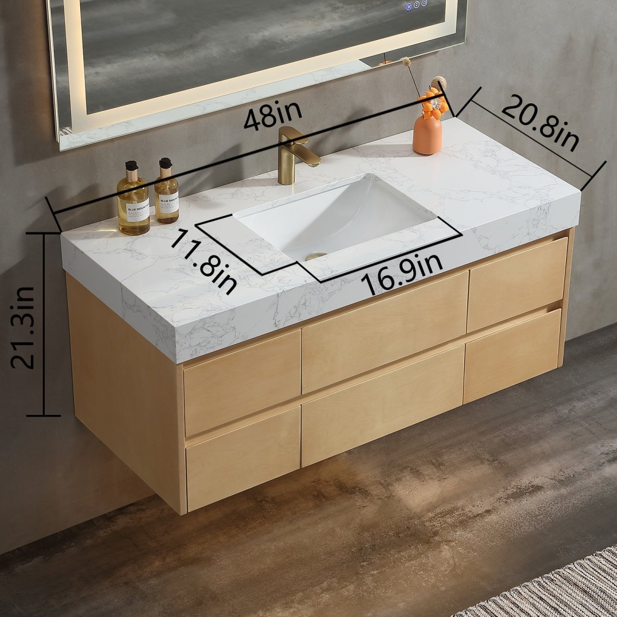 Sleek 48" Modern Floating Maple wood Bathroom Vanity Cabinet with with Lights and Stone Slab Countertop - ExBriteUSA