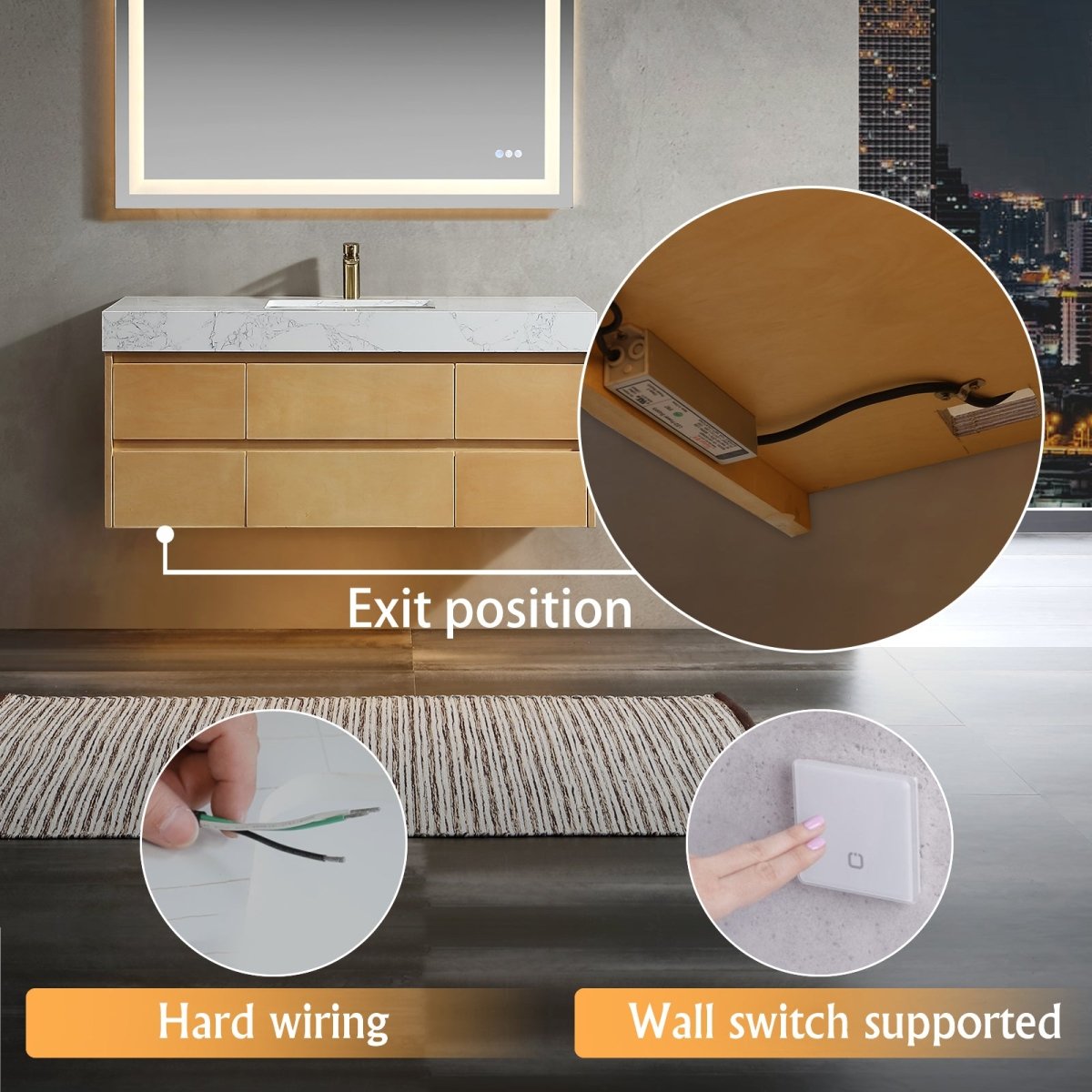 Sleek 48" Modern Floating Maple wood Bathroom Vanity Cabinet with with Lights and Stone Slab Countertop - ExBriteUSA