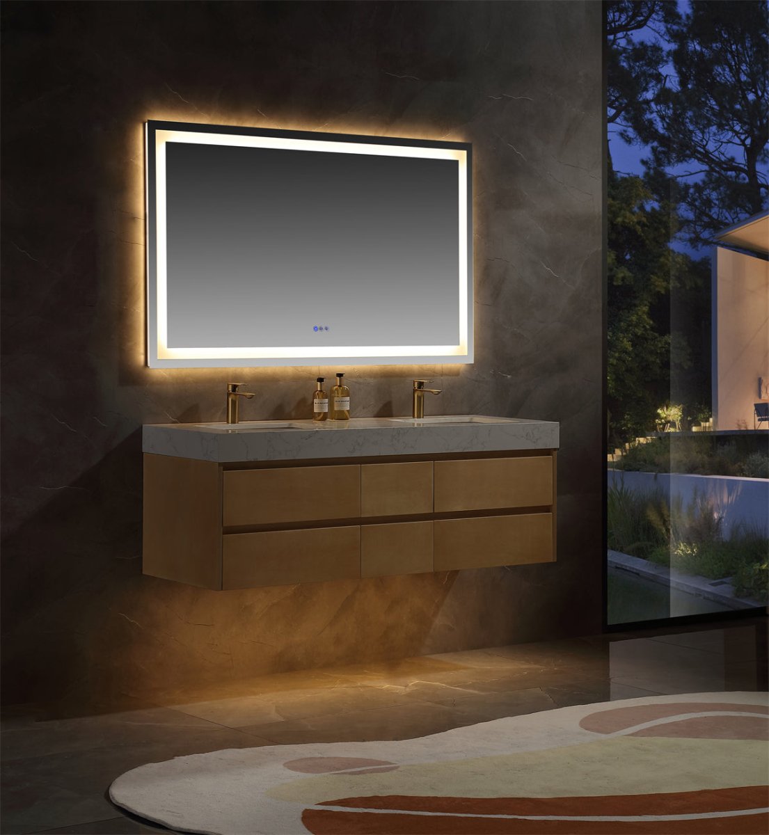 Sleek 60" Modern Floating Maple wood Bathroom Vanity Cabinet with with Lights and Stone Slab Countertop