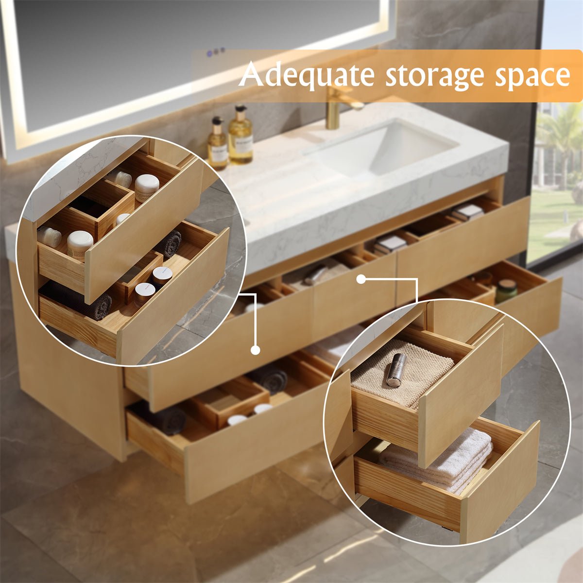 Sleek 60" Modern Floating Maple wood Bathroom Vanity Cabinet with with Lights and Stone Slab Countertop