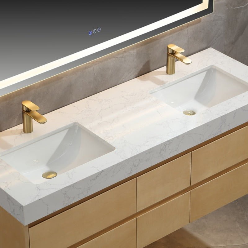 Sleek 60" Modern Floating Maple wood Bathroom Vanity Cabinet with with Lights and Stone Slab Countertop