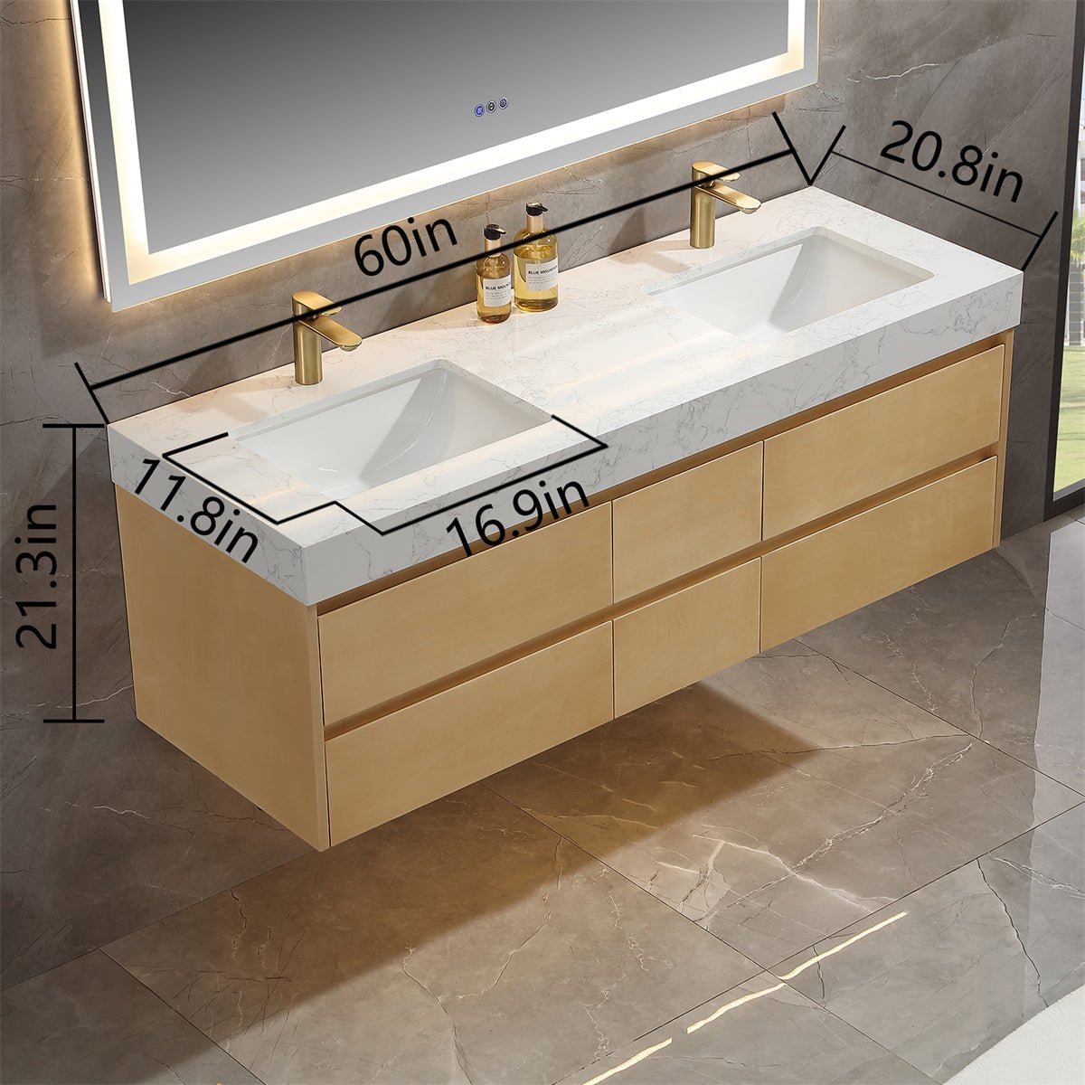 Sleek 60" Modern Floating Maple wood Bathroom Vanity Cabinet with with Lights and Stone Slab Countertop