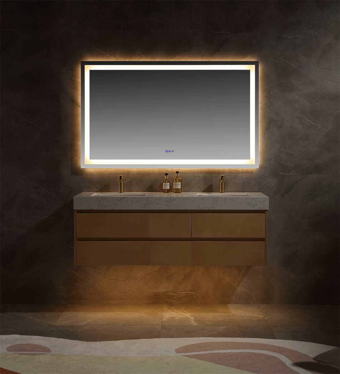 Sleek 60" Modern Floating Maple wood Bathroom Vanity Cabinet with with Lights and Stone Slab Countertop