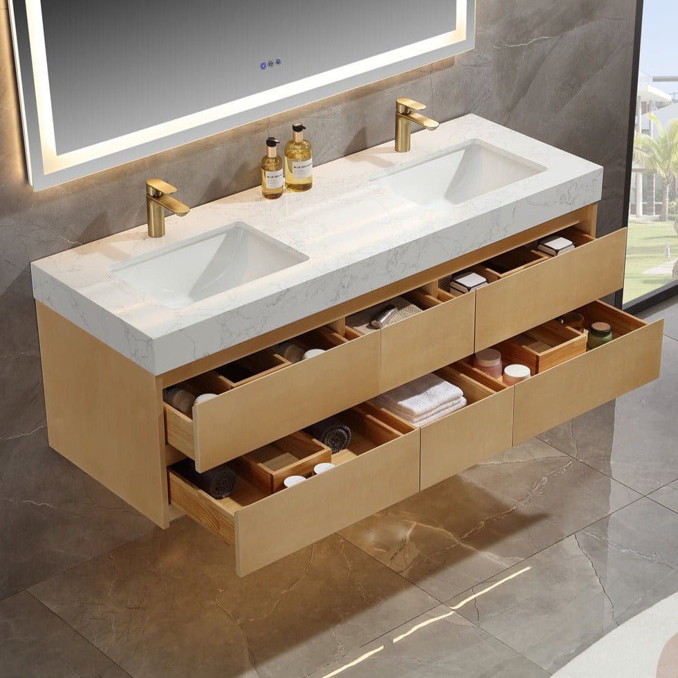 Sleek 60" Modern Floating Maple wood Bathroom Vanity Cabinet with with Lights and Stone Slab Countertop