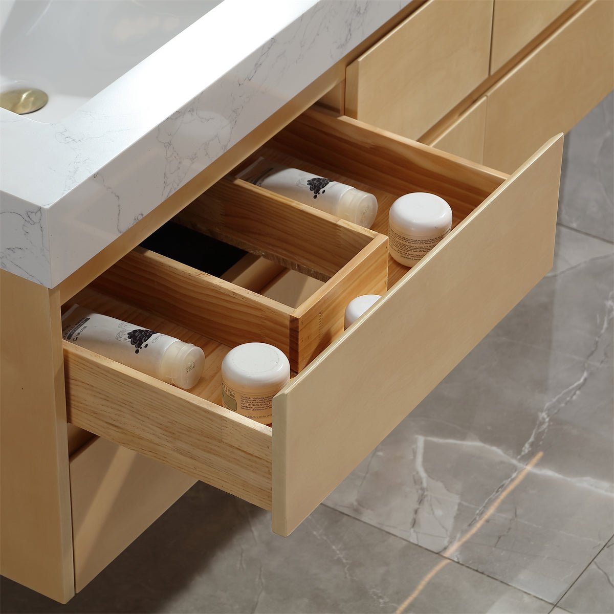 Sleek 60" Modern Floating Maple wood Bathroom Vanity Cabinet with with Lights and Stone Slab Countertop