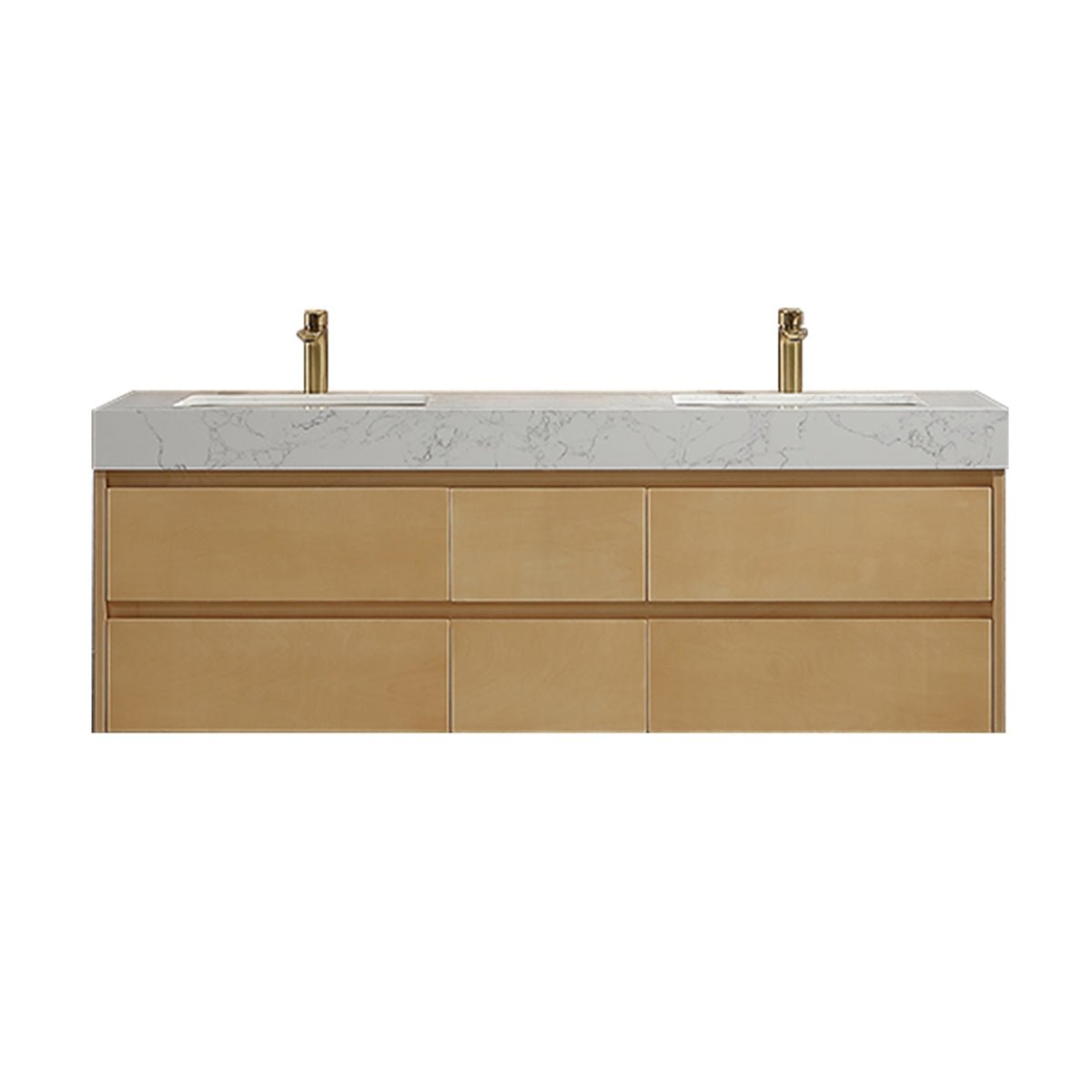 Sleek 60" Modern Floating Maple wood Bathroom Vanity Cabinet with with Lights and Stone Slab Countertop