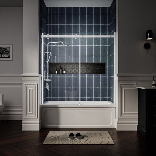 Zephyr 52-56" Semi-Frameless Single Sliding Tub Door,Chrome,Bypass Bathtub Shower Tempered Glass Door