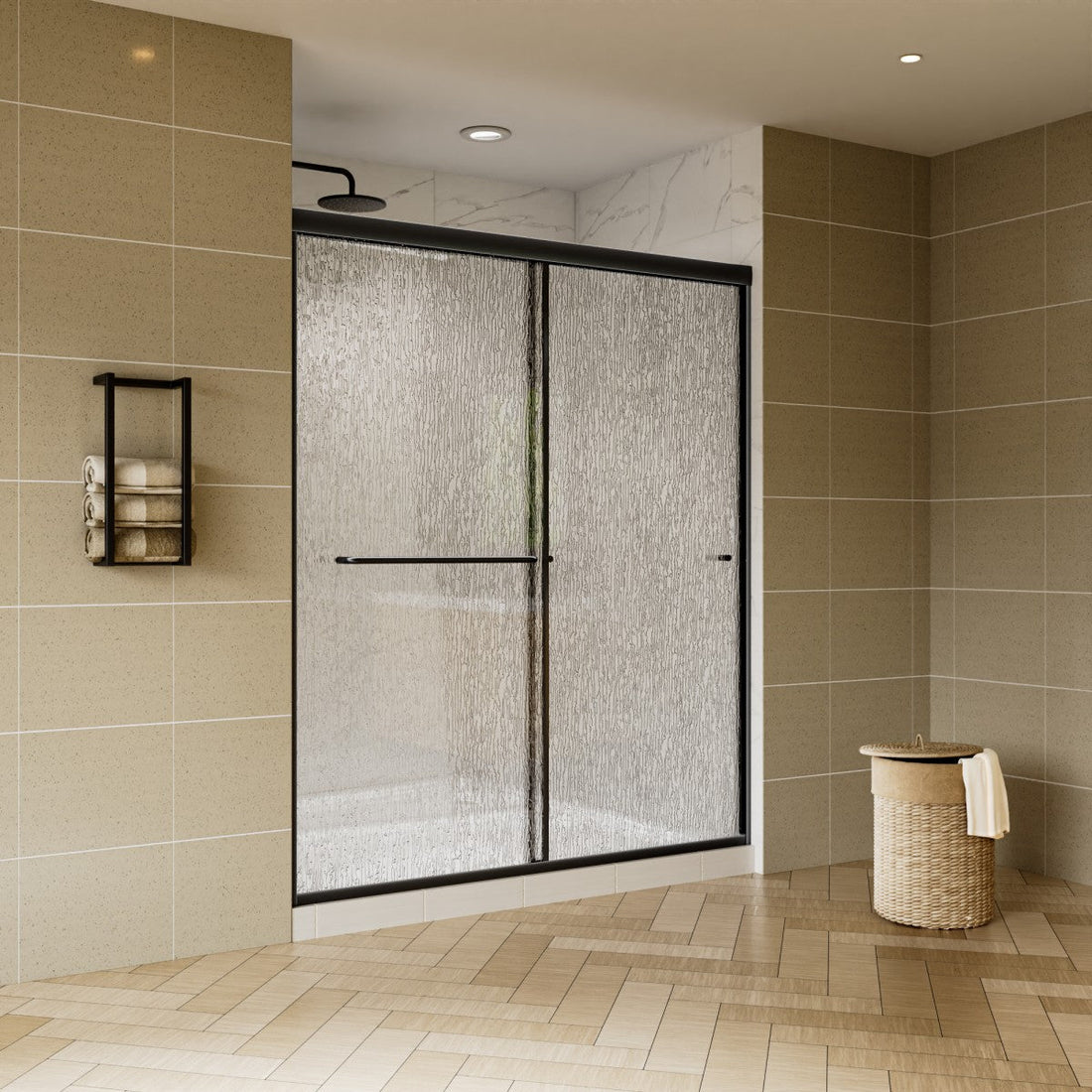 Glide-RA Series Bypass Glass Shower Door: Rain Glass Framed Design for Modern Bathrooms
