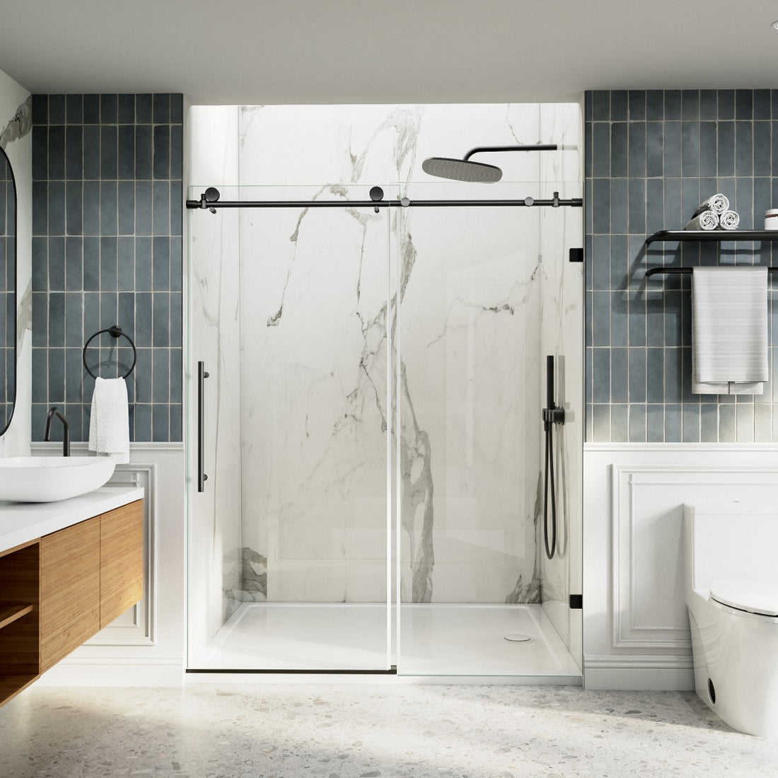 Anchor Series Tall Shower Doors: Frameless Barn Style for Luxury Bathrooms